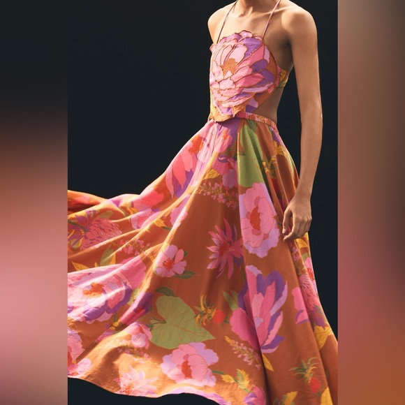 FARM Rio Orange Maxi Dress with Pink & Yellow Floral Print - Picture 2 of 7